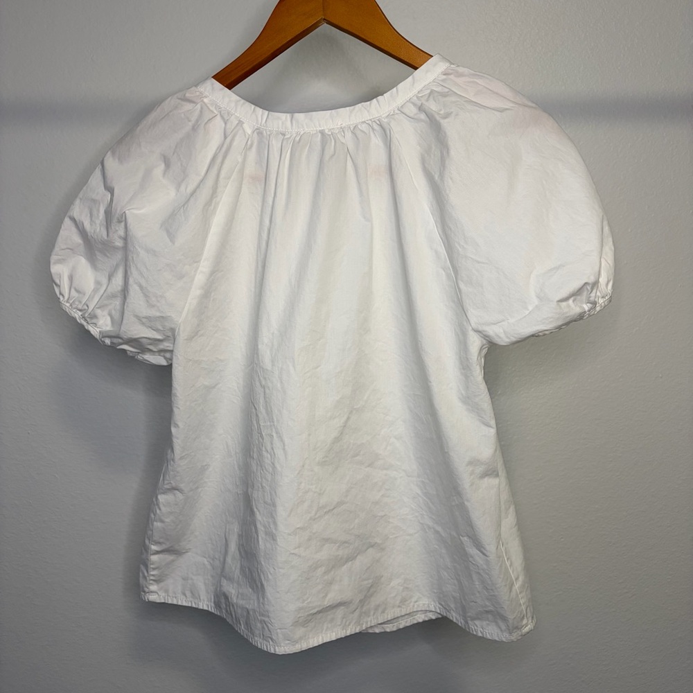 🌊 100% Cotton White Puff-Sleeve Button Front Blouse - Picture 2 of 5